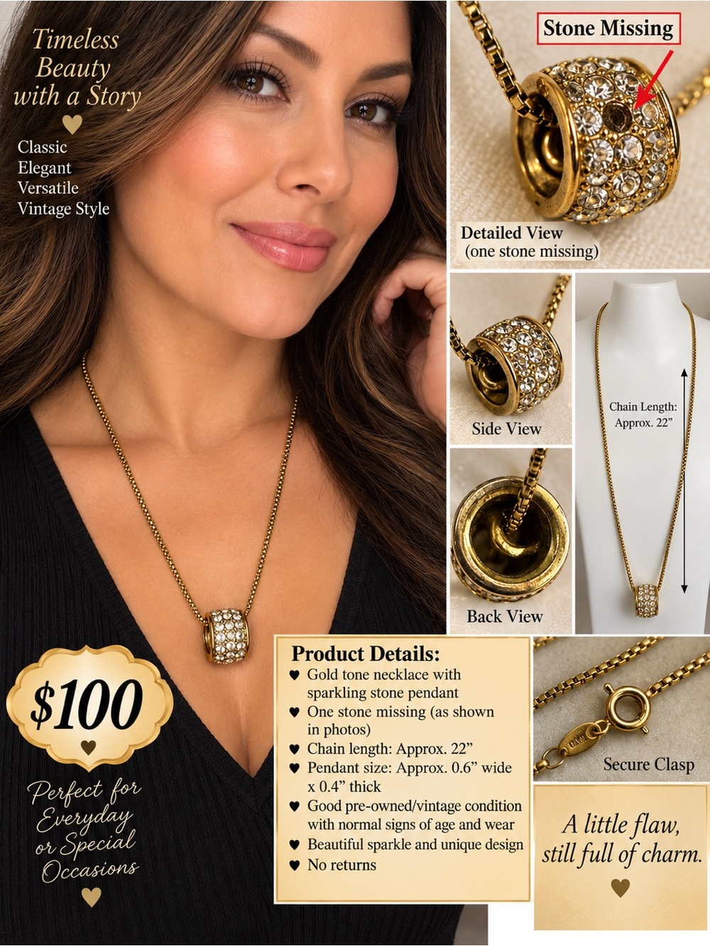 Gold Tone Crystal Pendant Necklace - Classic Sparkle